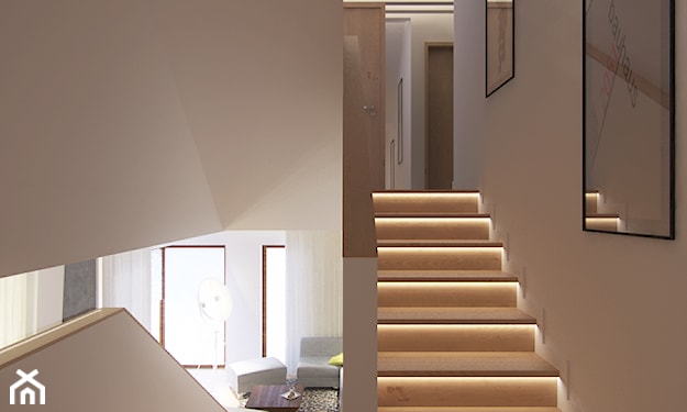 podświetlane schody z drewna, nowoczesne wnętrze
