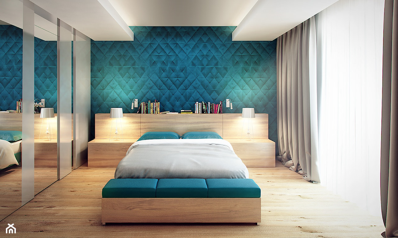 turkusowa mozaika na ścianie w sypialni