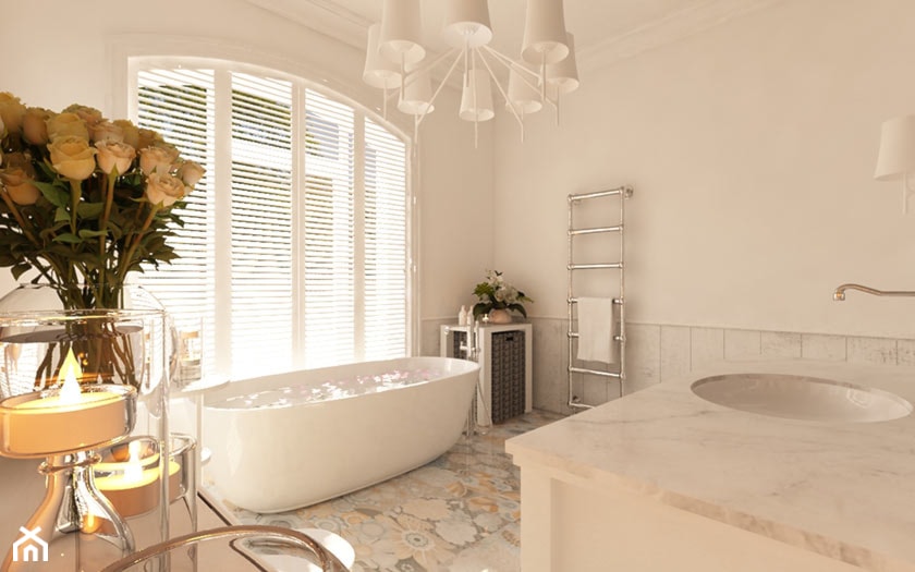 ANGIELSKI ROMANTYZM W REZYDENCJI W MILANÓWKU - Średnia na poddaszu łazienka z oknem, styl rustykalny - zdjęcie od TissuArchitecture