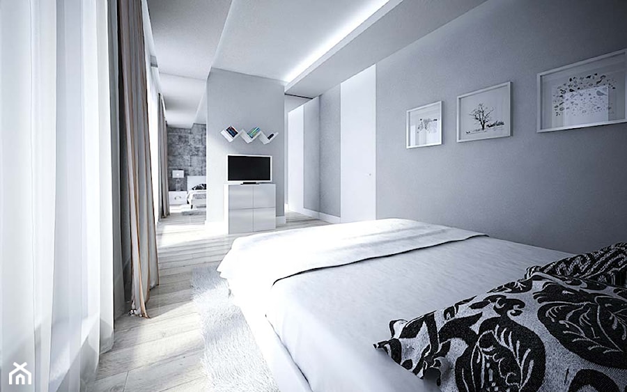 Duża biała szara sypialnia, styl minimalistyczny - zdjęcie od TissuArchitecture