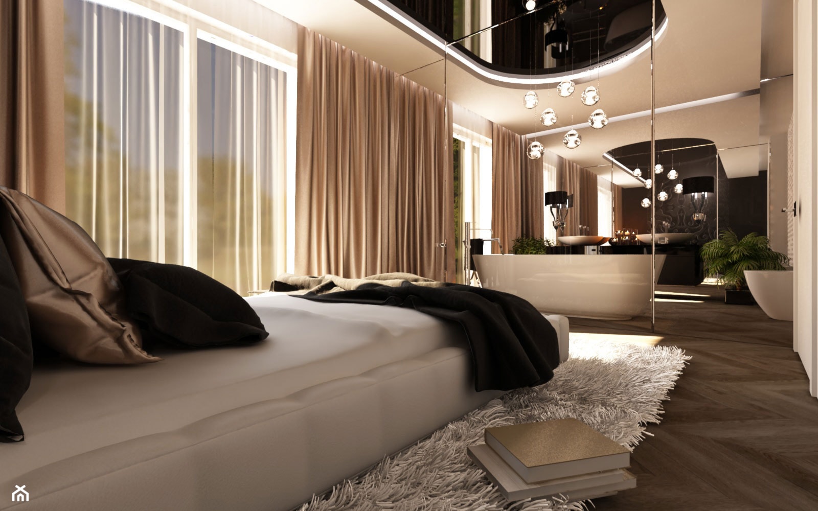 LUXURIOUS STYLE – WILLA W JAROSZOWEJ WOLI 180 m2 - Duża biała sypialnia z łazienką, styl glamour - zdjęcie od TissuArchitecture - Homebook