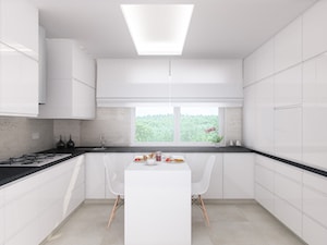 Duża otwarta z kamiennym blatem beżowa biała z zabudowaną lodówką z podblatowym zlewozmywakiem kuchnia w kształcie litery u, styl minimalistyczny - zdjęcie od TissuArchitecture