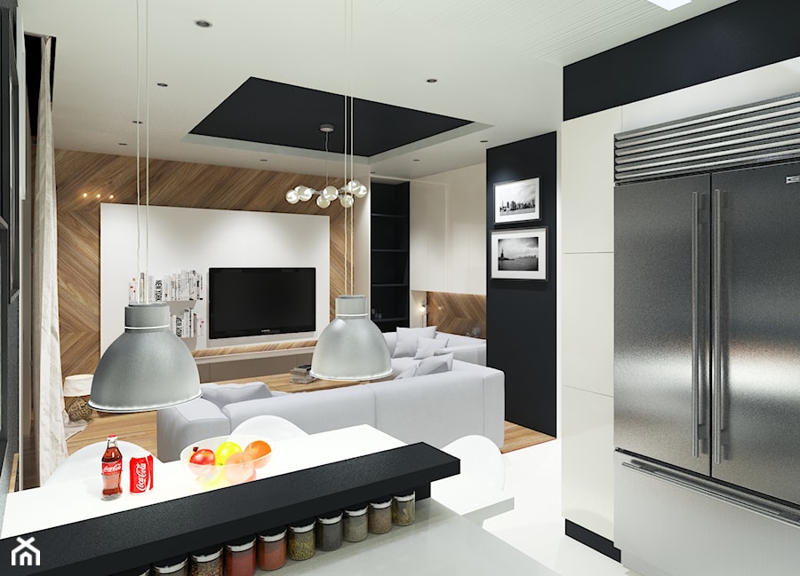 Flat - Średni biały czarny salon z kuchnią, styl nowoczesny - zdjęcie od Bartlomiej Bieganski
