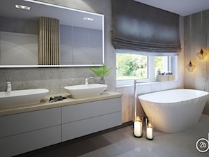 DOM POD WROCŁAWIEM - Średnia z lustrem z dwoma umywalkami z punktowym oświetleniem łazienka z oknem, styl nowoczesny - zdjęcie od 2b design