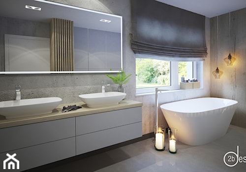 DOM POD WROCŁAWIEM - Średnia z lustrem z dwoma umywalkami z punktowym oświetleniem łazienka z oknem, styl nowoczesny - zdjęcie od 2b design