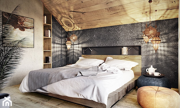 sypialnia z drewnem i betonem, drewno na suficie w sypialni