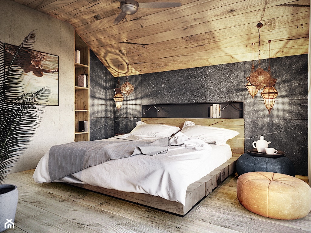 drewno na ścianie w sypialni na poddaszu