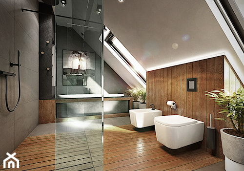Mokronos - Duża na poddaszu z punktowym oświetleniem łazienka, styl nowoczesny - zdjęcie od razoo-architekci