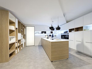 Kuchnie - Duża otwarta zamknięta biała z zabudowaną lodówką kuchnia dwurzędowa z wyspą lub półwyspem - zdjęcie od Nolte