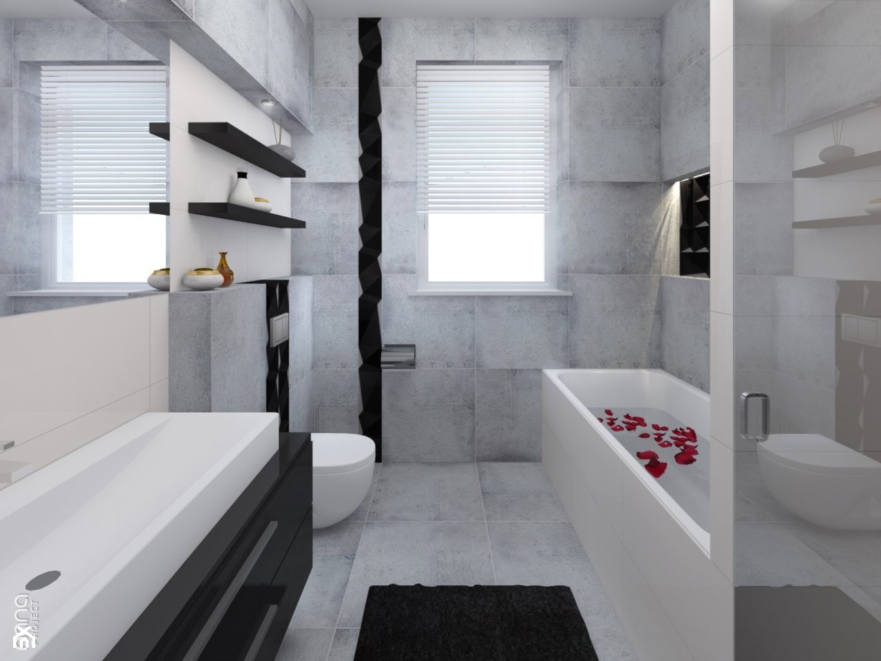 Projekt łazienki - Średnia z dwoma umywalkami z marmurową podłogą łazienka z oknem, styl nowoczesny - zdjęcie od Nana Project Sp. z o.o. - Homebook