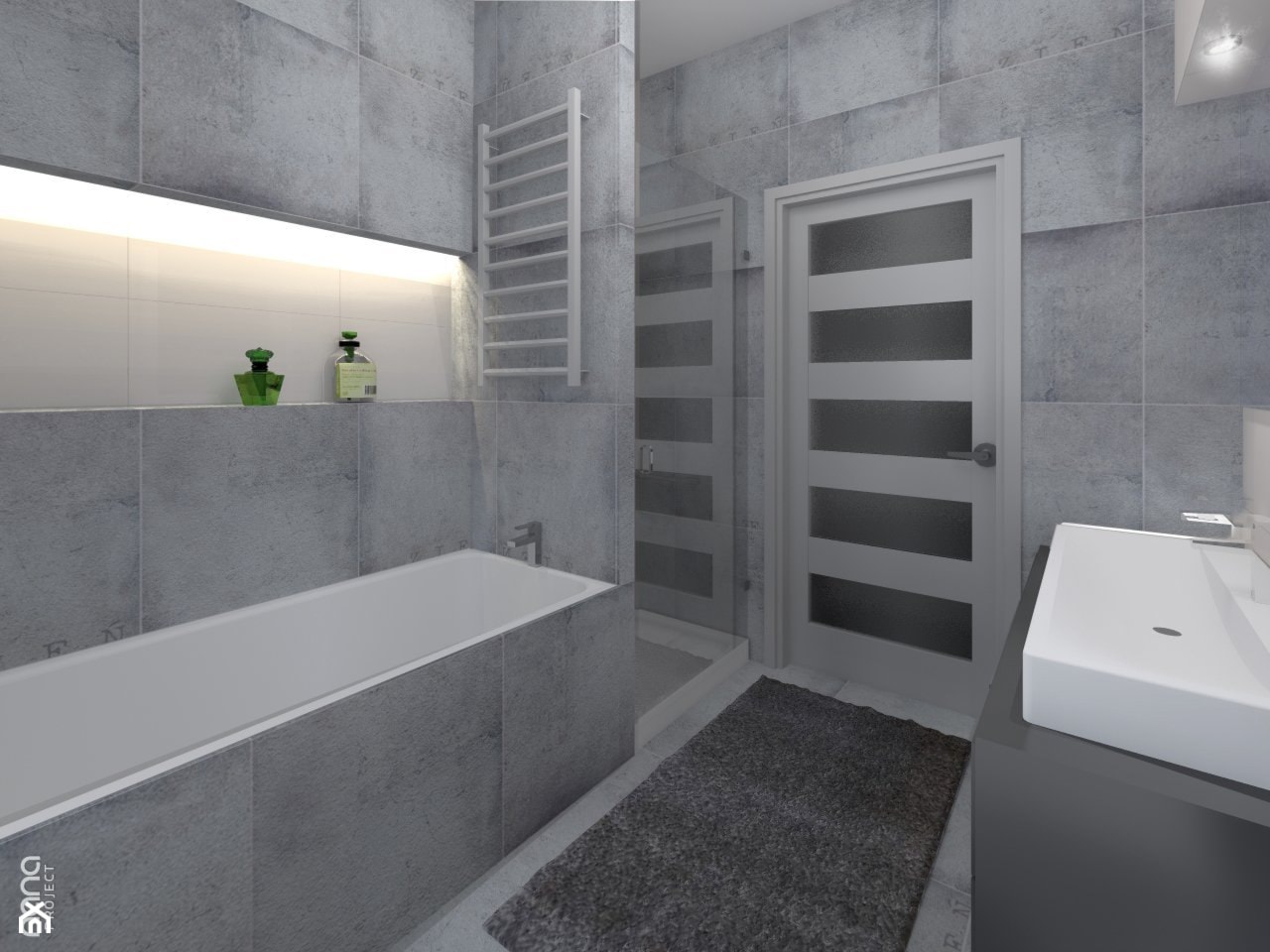 Projekt łazienki - Średnia bez okna z dwoma umywalkami z punktowym oświetleniem łazienka, styl nowoczesny - zdjęcie od Nana Project Sp. z o.o. - Homebook