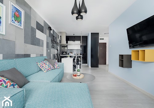 Design - Duży niebieski salon z kuchnią z jadalnią - zdjęcie od Apartments M&M- obsługa i aranżacja nieruchomości
