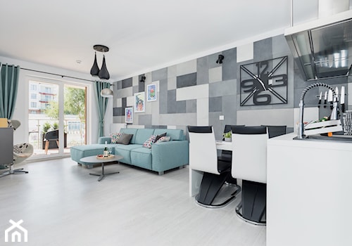 Design - Duży szary salon z kuchnią z jadalnią - zdjęcie od Apartments M&M- obsługa i aranżacja nieruchomości