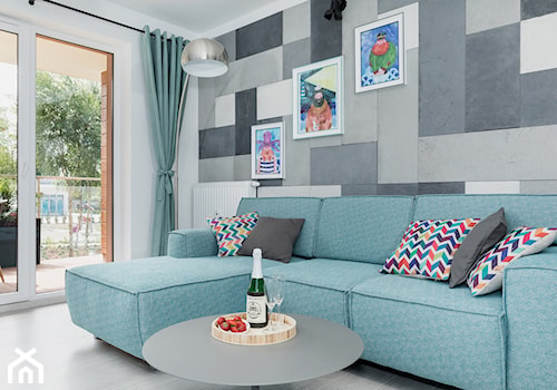 Design - Średni biały szary salon z tarasem / balkonem - zdjęcie od Apartments M&M- obsługa i aranżacja nieruchomości