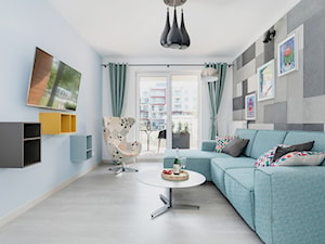 Design - Średni biały niebieski salon z tarasem / balkonem - zdjęcie od Apartments M&M- obsługa i aranżacja nieruchomości