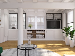 Remont części domu - Średni biały szary salon z barkiem z bibiloteczką, styl nowoczesny - zdjęcie od Pepe Interiors