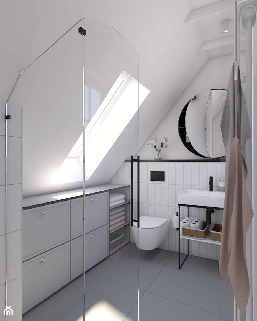 Remont części domu - Średnia na poddaszu z punktowym oświetleniem łazienka z oknem, styl nowoczesny - zdjęcie od Pepe Interiors