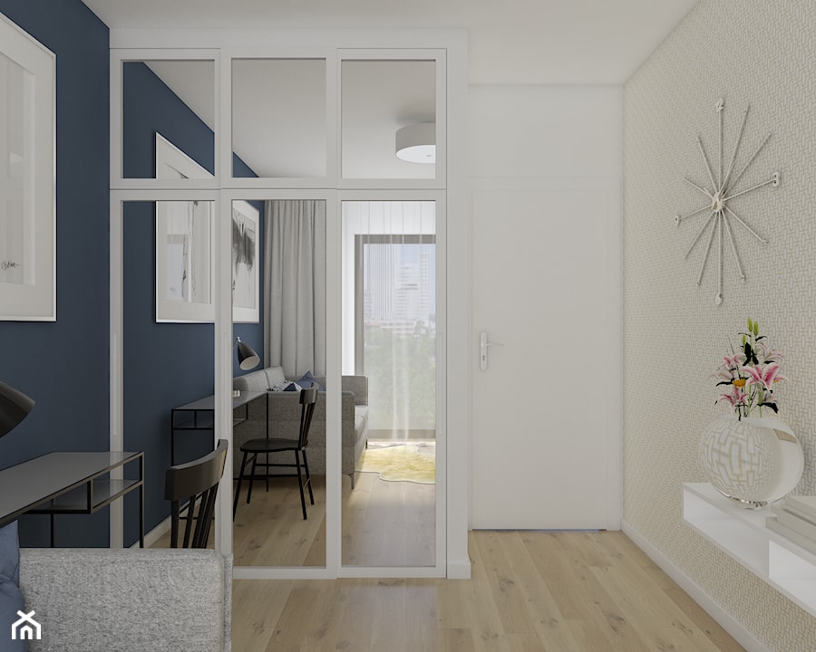 Wilanów dla każdego - Średnia biała niebieska z biurkiem sypialnia z balkonem / tarasem, styl nowoczesny - zdjęcie od Pepe Interiors