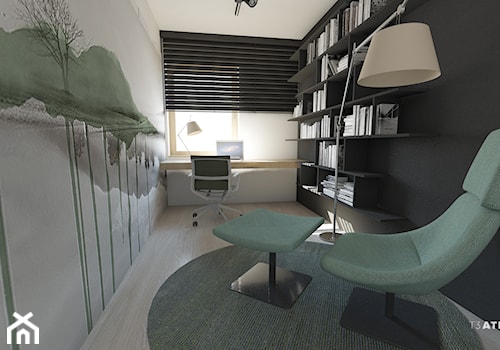Projekt domu pod Krakowem - Średnie w osobnym pomieszczeniu z zabudowanym biurkiem białe czarne biuro, styl nowoczesny - zdjęcie od T3 Atelier