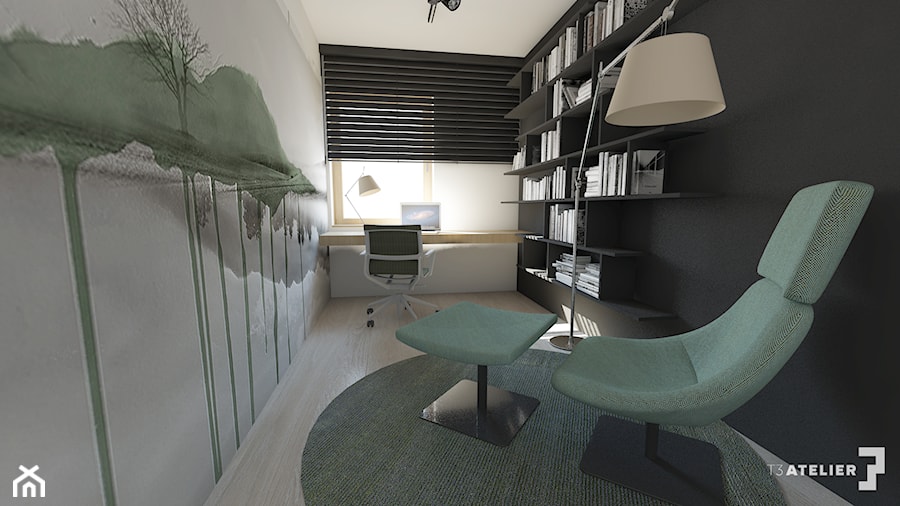 Projekt domu pod Krakowem - Średnie w osobnym pomieszczeniu z zabudowanym biurkiem białe czarne biuro, styl nowoczesny - zdjęcie od T3 Atelier