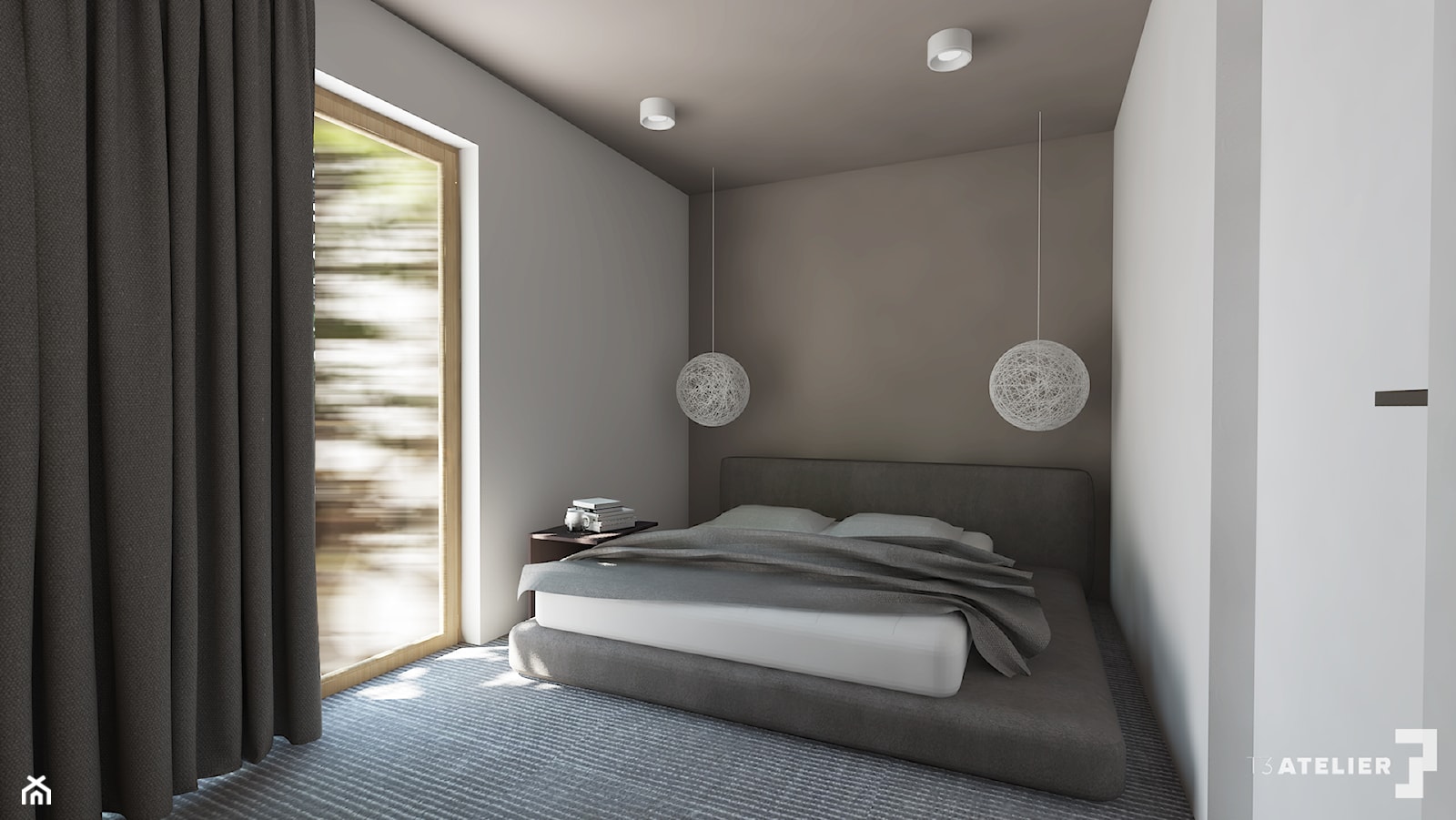 Projekt domu pod Krakowem - Średnia beżowa brązowa sypialnia z balkonem / tarasem, styl nowoczesny - zdjęcie od T3 Atelier - Homebook