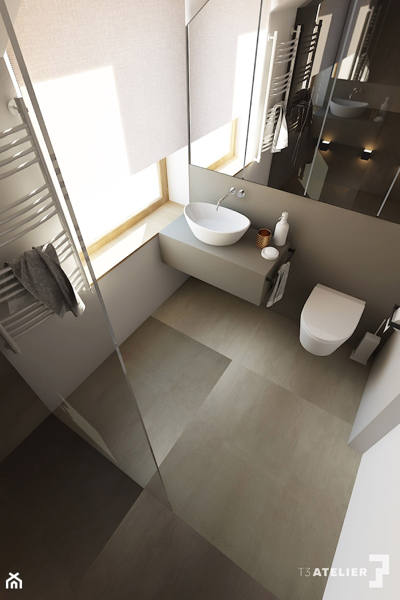 Projekt domu pod Krakowem - Średnia na poddaszu łazienka z oknem, styl nowoczesny - zdjęcie od T3 Atelier