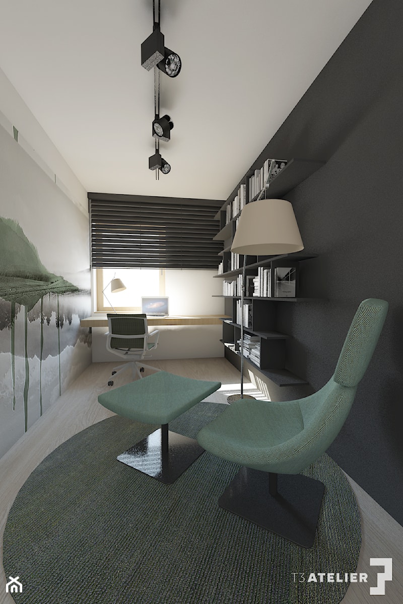 Projekt domu pod Krakowem - Średnie z zabudowanym biurkiem czarne szare biuro, styl nowoczesny - zdjęcie od T3 Atelier