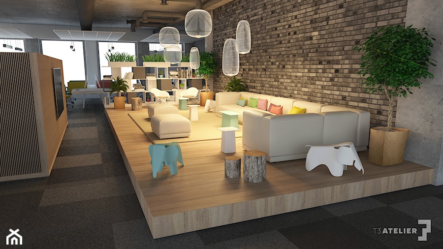 Projekt biura z firmy z branży IT - Duże z sofą szare biuro, styl nowoczesny - zdjęcie od T3 Atelier
