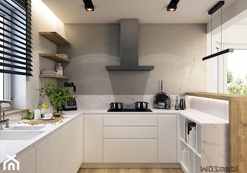 Minimalistyczna kuchnia - Średnia otwarta biała szara z zabudowaną lodówką z podblatowym zlewozmywakiem kuchnia w kształcie litery u z oknem, styl nowoczesny - zdjęcie od WOSMEBL Rzeszów Meble na wymiar