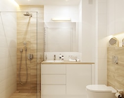 Łazienka biel+drewno - Mała bez okna z punktowym oświetleniem łazienka, styl nowoczesny - zdjęcie od WOSMEBL Rzeszów Meble na wymiar - Homebook