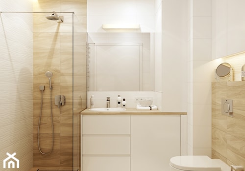Łazienka biel+drewno - Mała bez okna z punktowym oświetleniem łazienka, styl nowoczesny - zdjęcie od WOSMEBL Rzeszów Meble na wymiar