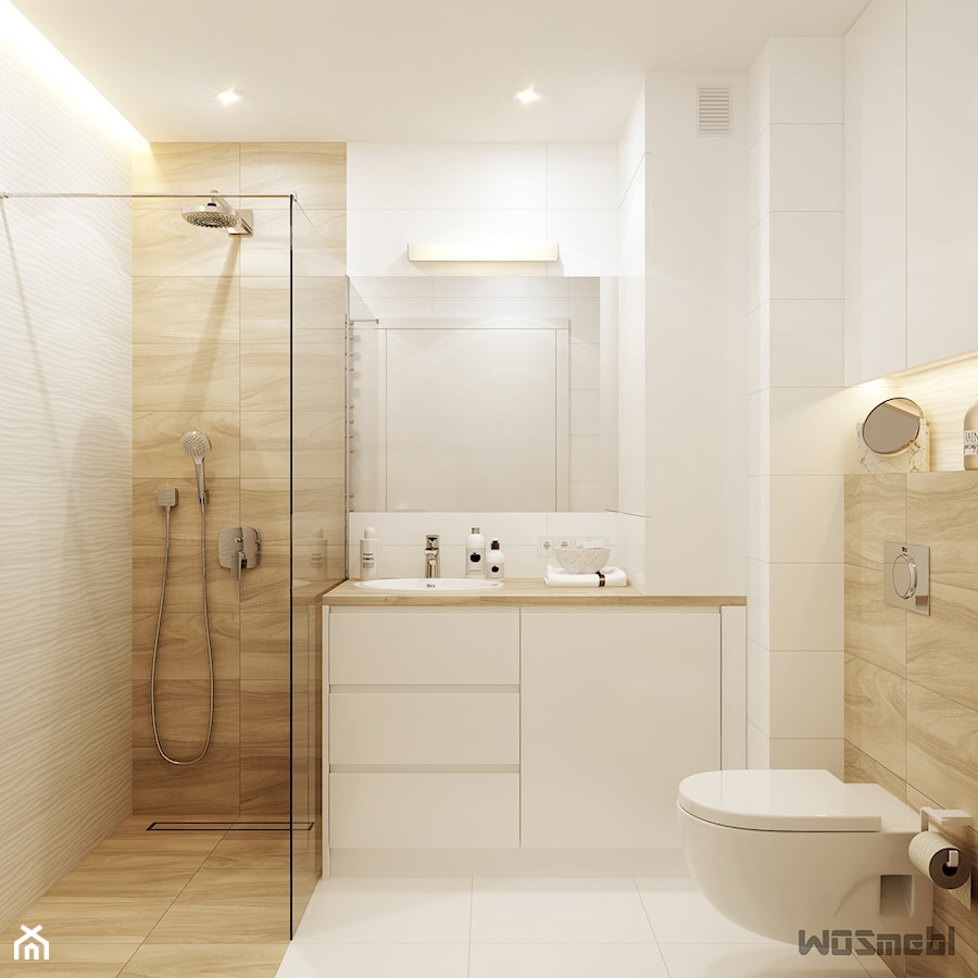Łazienka biel+drewno - Mała bez okna z punktowym oświetleniem łazienka, styl nowoczesny - zdjęcie od WOSMEBL Rzeszów Meble na wymiar
