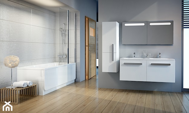 nowoczesna łazienka z wanną i białymi meblami 