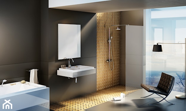 nowoczesna łazienka z kabiną walk-in i wanną prostokątną 