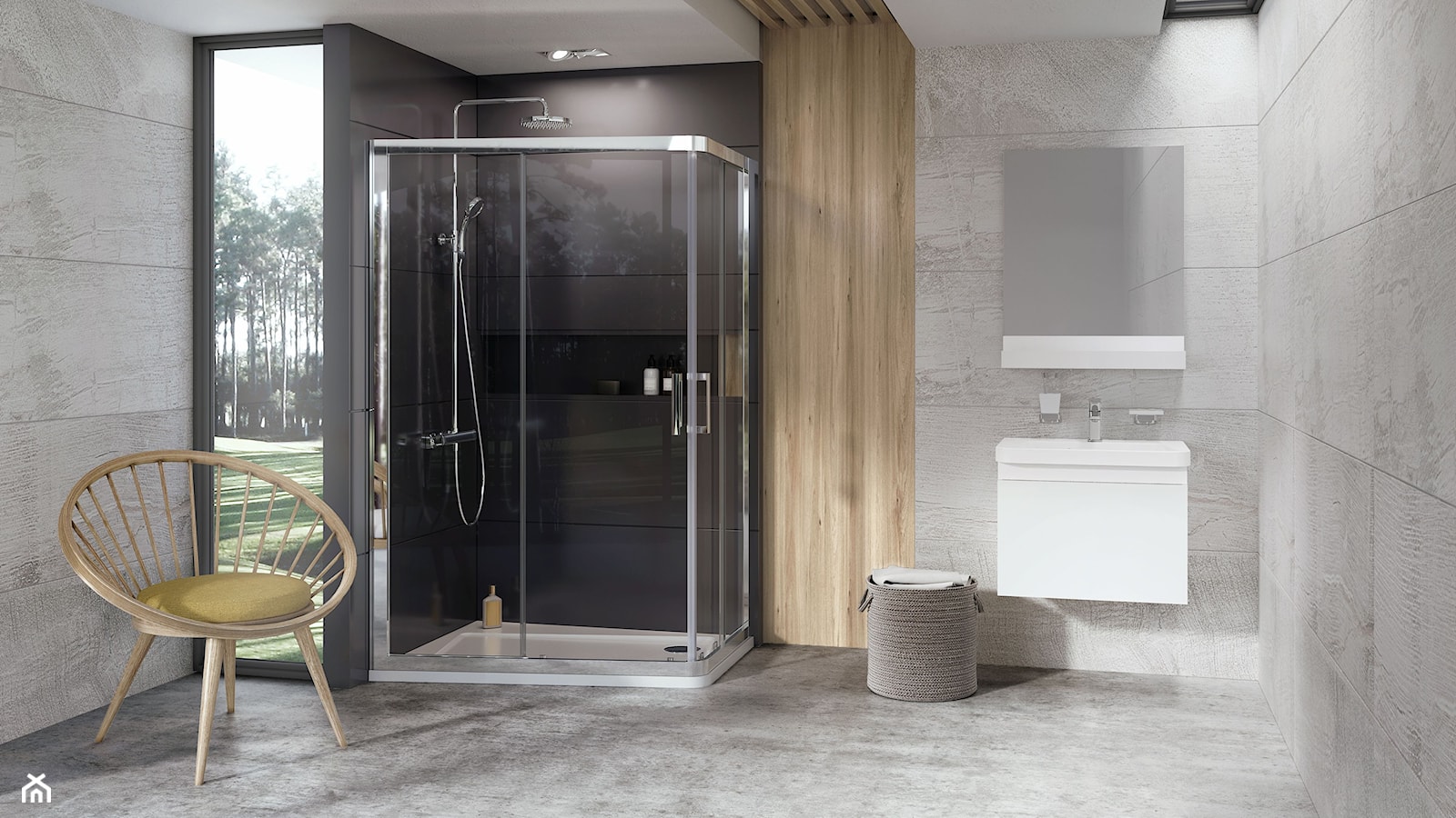 Kabiny prysznicowe - Duża z lustrem z punktowym oświetleniem łazienka z oknem, styl industrialny - zdjęcie od RAVAK - Homebook