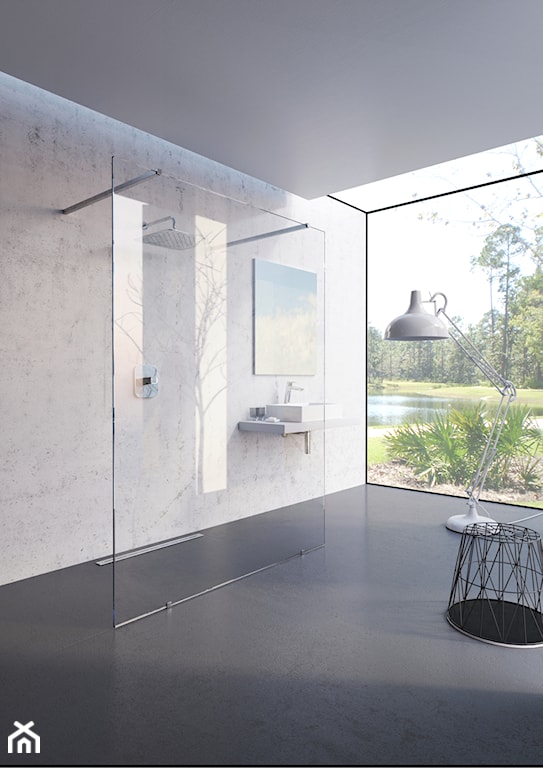 minimalistyczna łazienka w odcieniach szarości, kabina walk-in