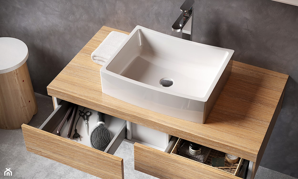 łazienka z drewnem, umywalka nablatowa, meble do łazienki