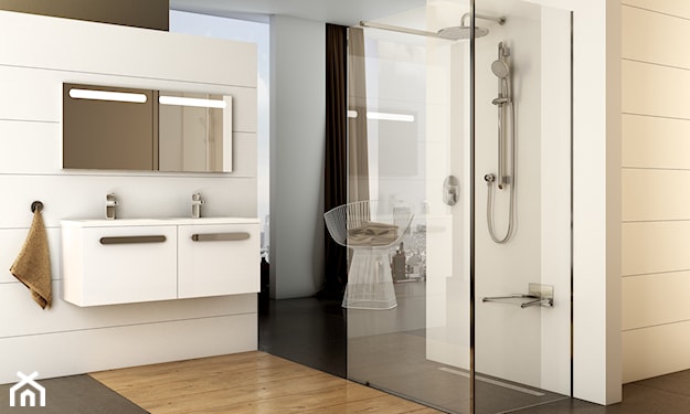 białe ściny w łazience, kabina prysznicowa walk in, płytki z motywem drewna, minimalistyczna łazienka