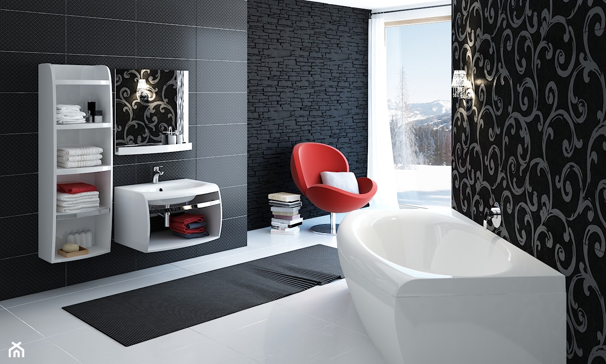 czarny kamień ozdobny w łazience, czerwony fotel, biała podłoga, czarny dywanik, wzór na czarnej ścianie