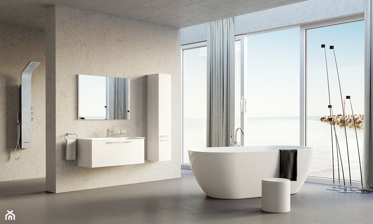 minimalistyczna łazienka, biała wanna wolnostojąca, betonowa podłoga, beżowe ściany