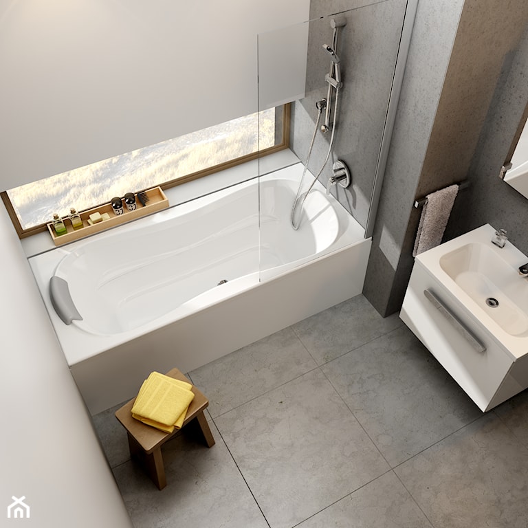 łazienka w stylu skandynawskim, wanna z parawanem, betonowe płytki