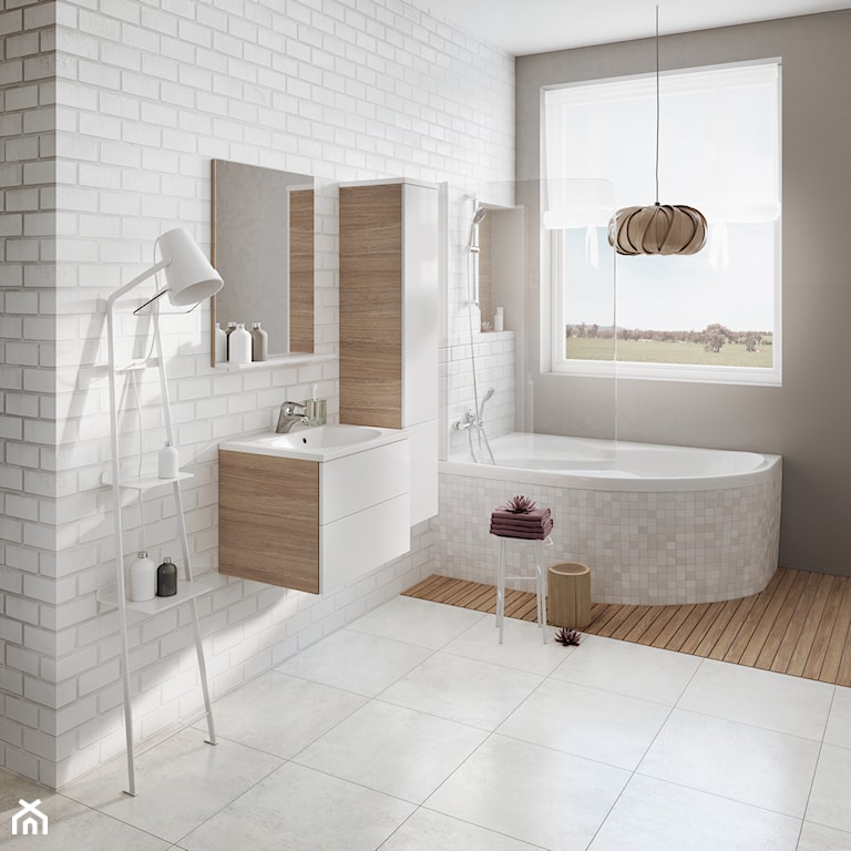łazienka w stylu skandynawskim z białymi płytkami i drewnem