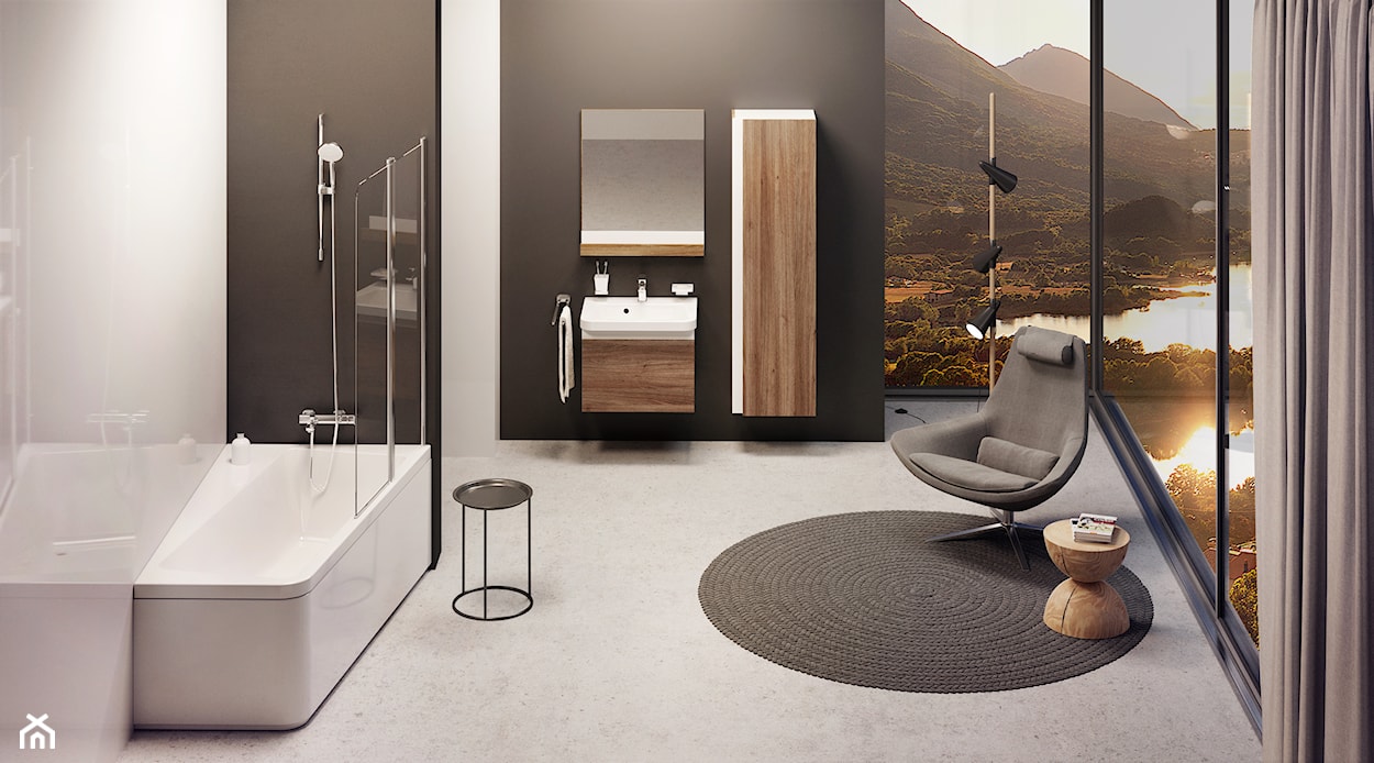 jasna łazienka w stylu minimalistycznym z wanną asymetryczną i kamieniem dekoracyjnym