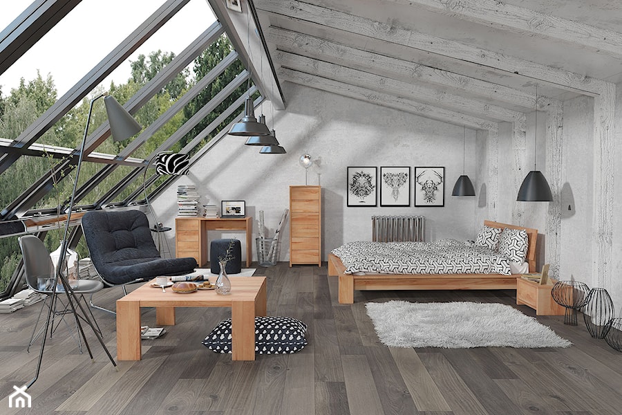 Średnia szara z biurkiem sypialnia na poddaszu, styl skandynawski - zdjęcie od MACIEJGORNY.COM