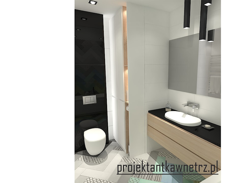 sypialnia z łazienką - Mała na poddaszu bez okna z lustrem łazienka, styl nowoczesny - zdjęcie od projektantkawnetrz