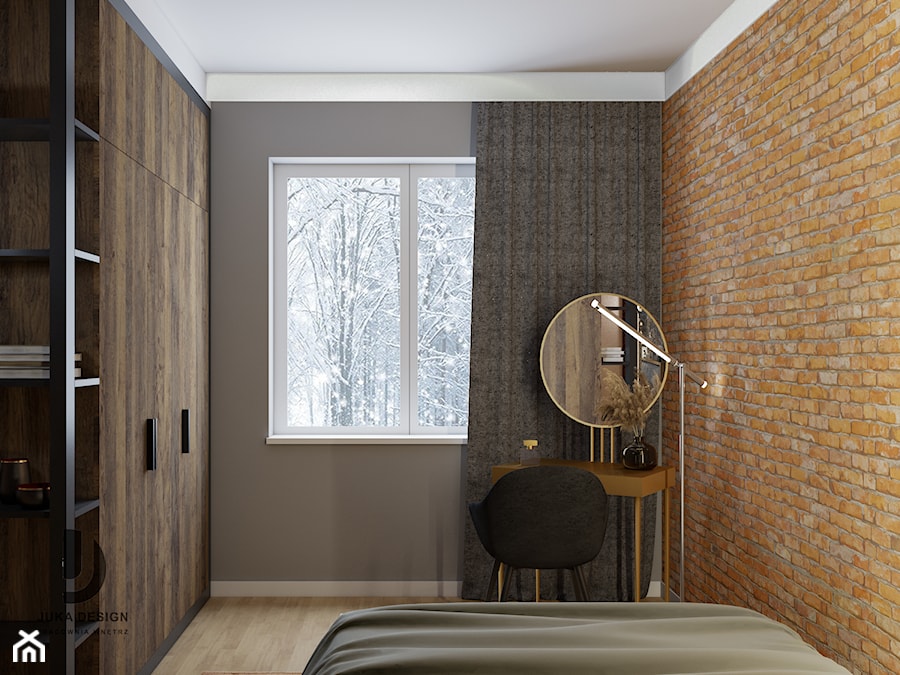 klimatyczna sypialnia z dużą szafą, cegłą i tapetą - zdjęcie od JUKA design Pracownia Wnętrz