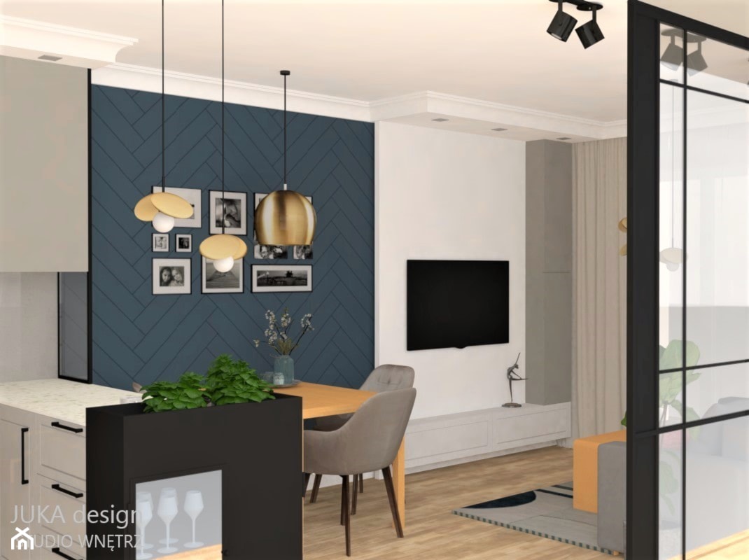 średni salon z jadalnią i ścianką TV - zdjęcie od JUKA design Pracownia Wnętrz - Homebook