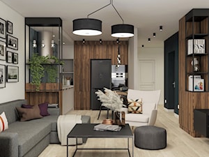 salon z jadalnią i aneksem kuchennym w stylu loftowo-skandynawskim - zdjęcie od JUKA design Pracownia Wnętrz
