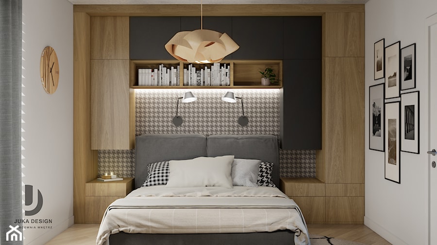 sypialnia z zabudową na ścianie z łóżkiem - zdjęcie od JUKA design Pracownia Wnętrz