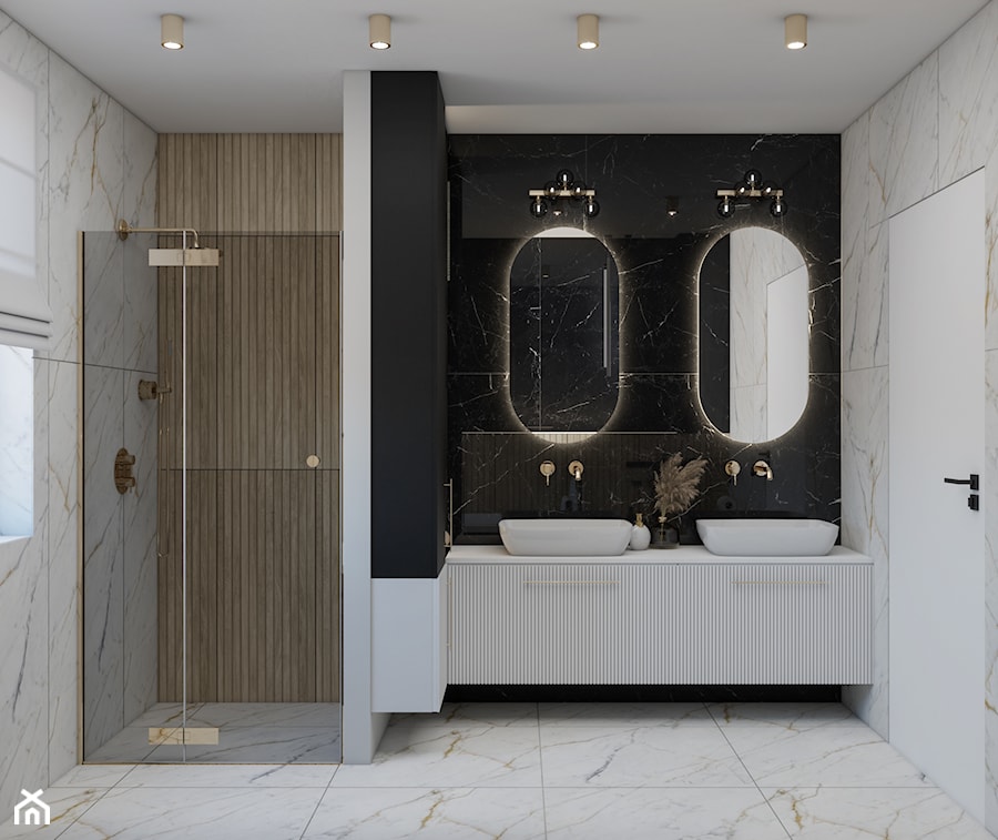 duża łazienka z czarnym i białym marmurem - zdjęcie od JUKA design Pracownia Wnętrz